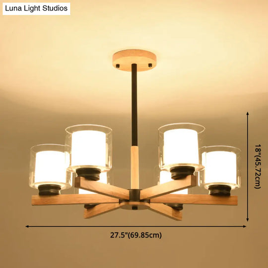 Modern White Glass Cylinder Chandelier - Stylish Suspension Light For Living Room Wooden Stand