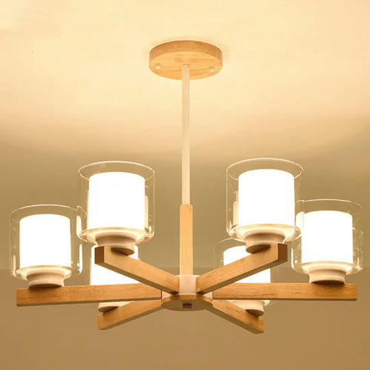 Modern White Glass Cylinder Chandelier - Stylish Suspension Light For Living Room Wooden Stand 6 /