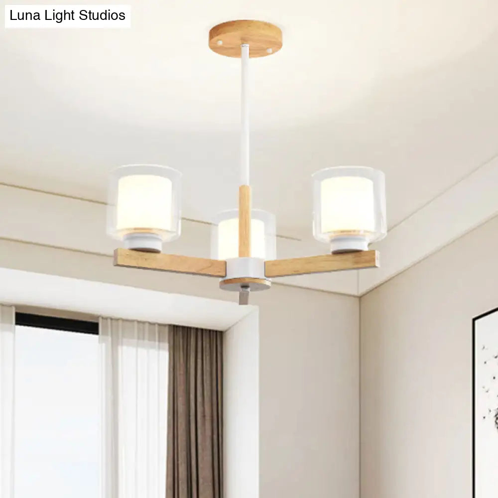 Modern White Glass Cylinder Chandelier - Stylish Suspension Light For Living Room Wooden Stand