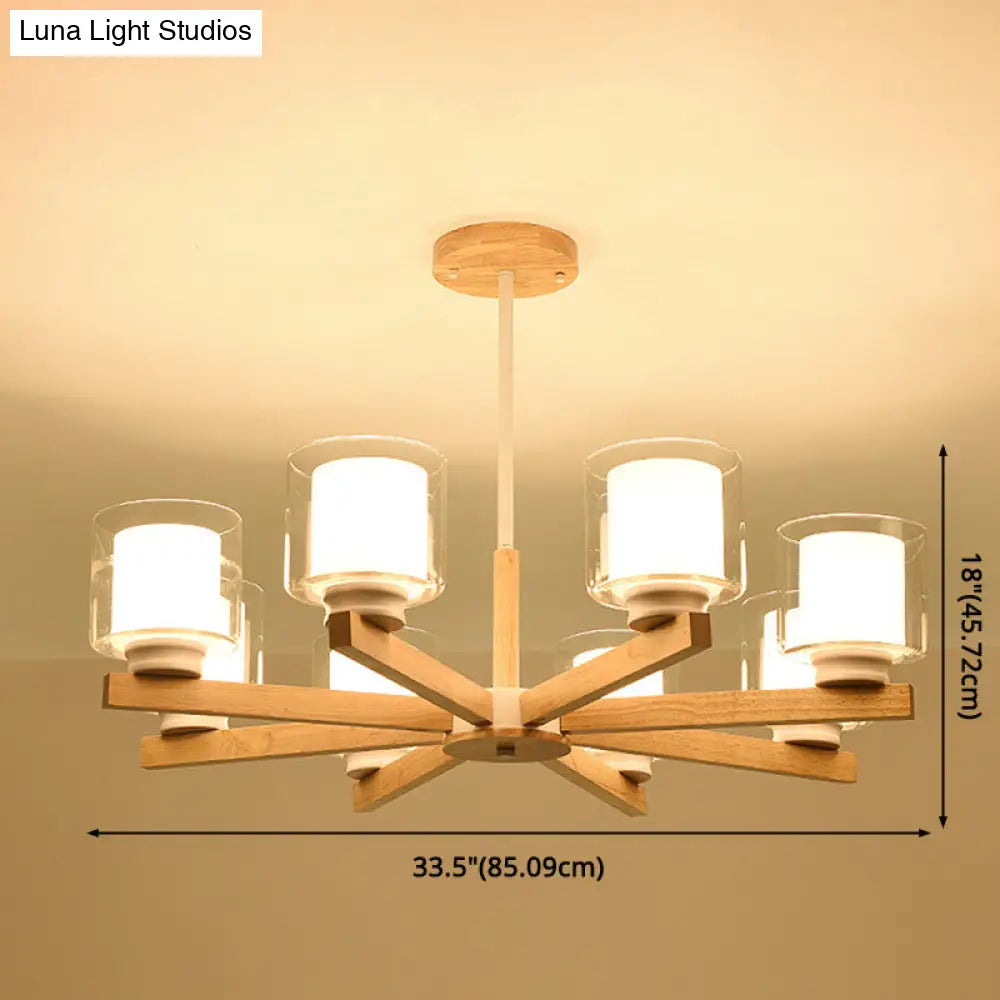 Modern White Glass Cylinder Chandelier - Stylish Suspension Light For Living Room Wooden Stand
