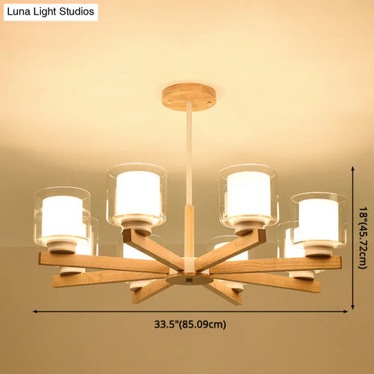 Modern White Glass Cylinder Chandelier - Stylish Suspension Light For Living Room Wooden Stand