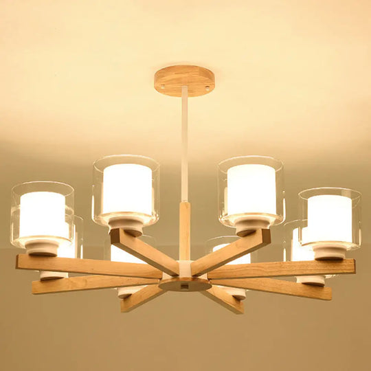 Modern White Glass Cylinder Chandelier - Stylish Suspension Light For Living Room Wooden Stand 8 /