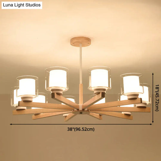 Modern White Glass Cylinder Chandelier - Stylish Suspension Light For Living Room Wooden Stand