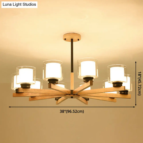 Modern White Glass Cylinder Chandelier - Stylish Suspension Light For Living Room Wooden Stand