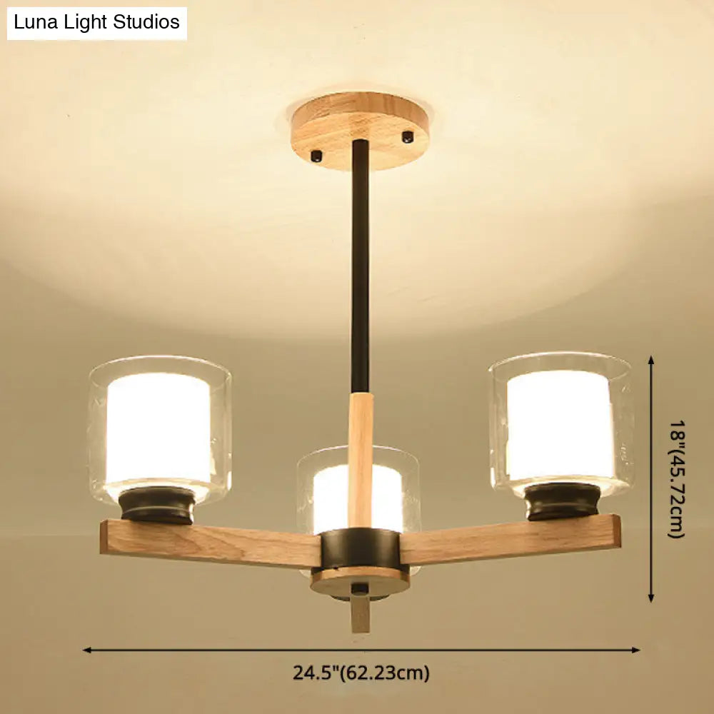 Modern White Glass Cylinder Chandelier - Stylish Suspension Light For Living Room Wooden Stand