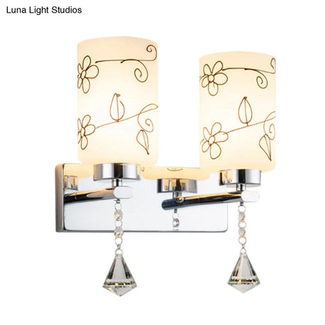 Modern White Glass Cylinder Wall Sconce With 2 Bulbs Chrome Finish And Elegant Flower Pattern