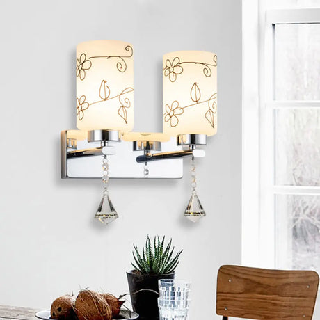 Modern White Glass Cylinder Wall Sconce With 2 Bulbs Chrome Finish And Elegant Flower Pattern