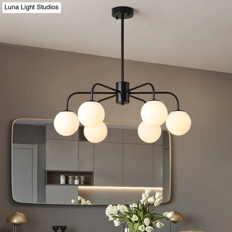 Modern White Glass Globe Chandelier with Radial Design - 6/8/10 Lights Hanging Ceiling Light Curved Arm