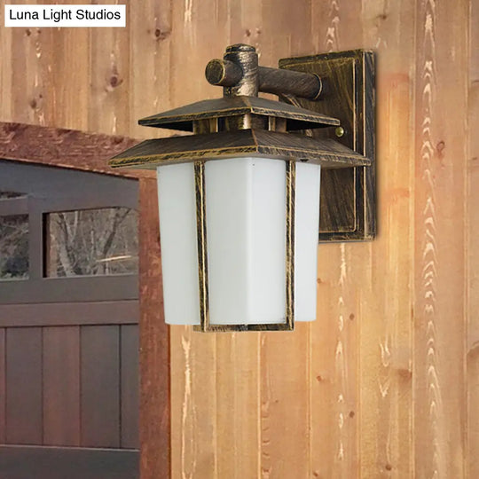 Modern White Glass Lantern Wall Sconce - Lodge Style Bronze/Black Outdoor Lighting Fixture