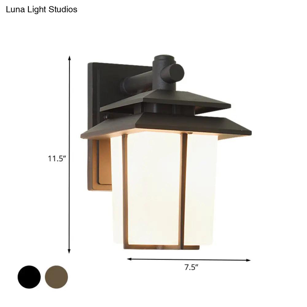 Modern White Glass Lantern Wall Sconce - Lodge Style Bronze/Black Outdoor Lighting Fixture
