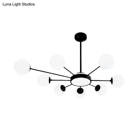 Modern White Glass Round Chandelier With 8 Black Pendant Lights