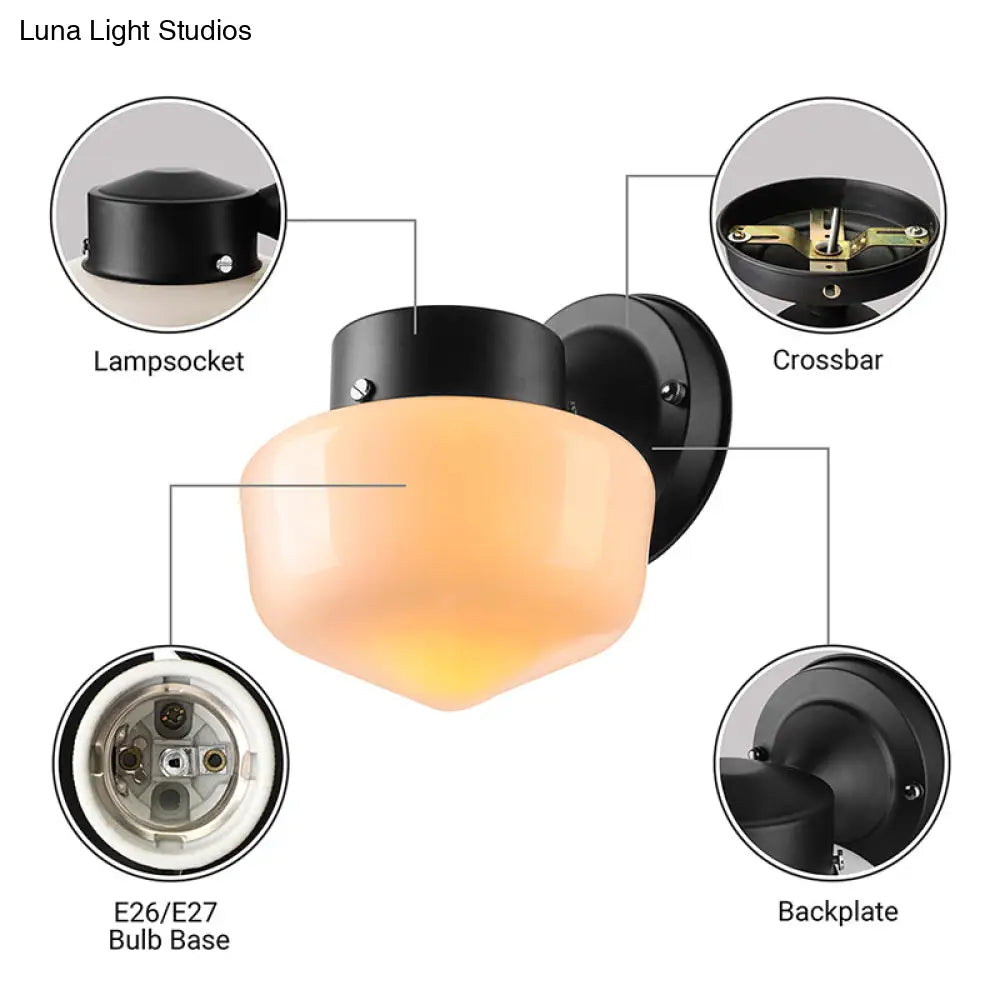 Modern White Glass Schoolhouse Sconce Wall Lamp With Black/White Mirror - 1 Light