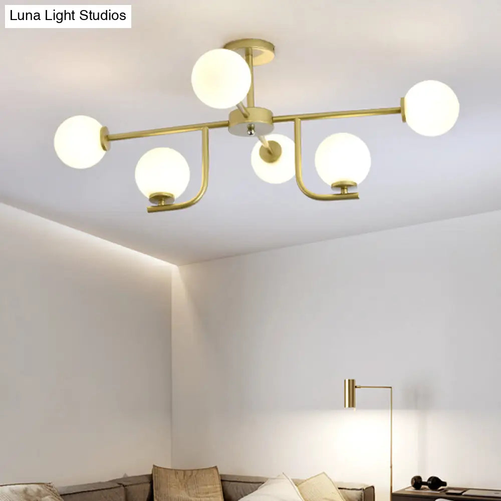 Modernist White Glass Ceiling Fixture - Global Semi Flush Mount With 6 Bulbs (Gold) Gold