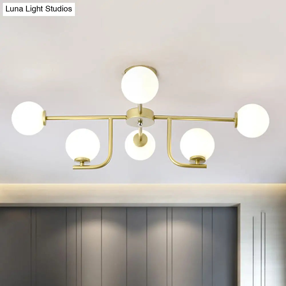 Modernist White Glass Ceiling Fixture - Global Semi Flush Mount With 6 Bulbs (Gold)
