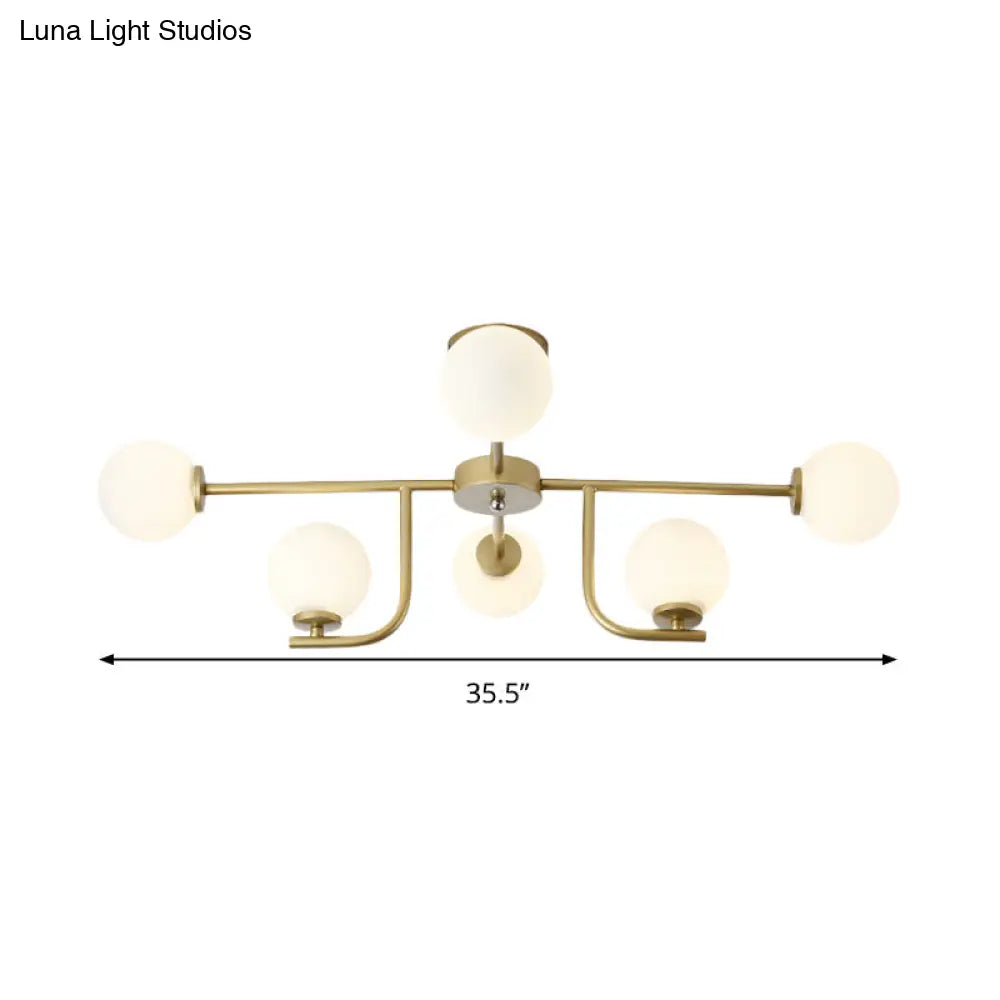 Modern White Glass Semi Flush Mount Ceiling Fixture With Gold Accents - 6 Bulbs