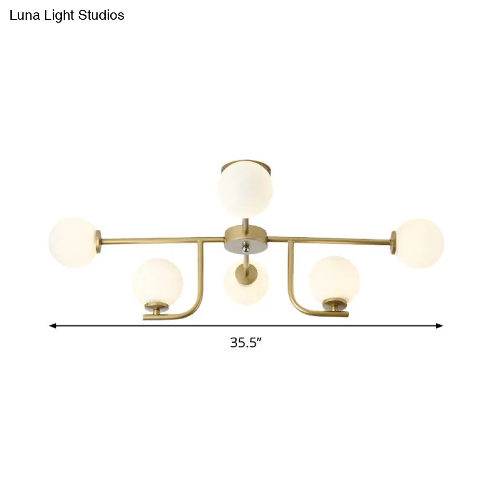 Modernist White Glass Ceiling Fixture - Global Semi Flush Mount With 6 Bulbs (Gold)