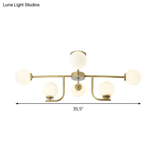 Modernist White Glass Ceiling Fixture - Global Semi Flush Mount With 6 Bulbs (Gold)
