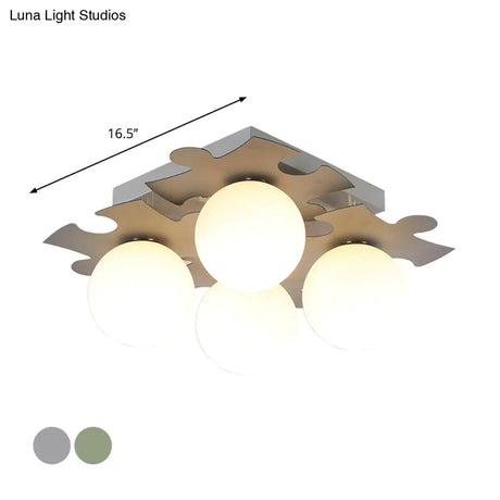 Modern White Glass Semi Flush Mount With Jigsaw Puzzle Decor - 4 - Bulb Light In Grey/Green