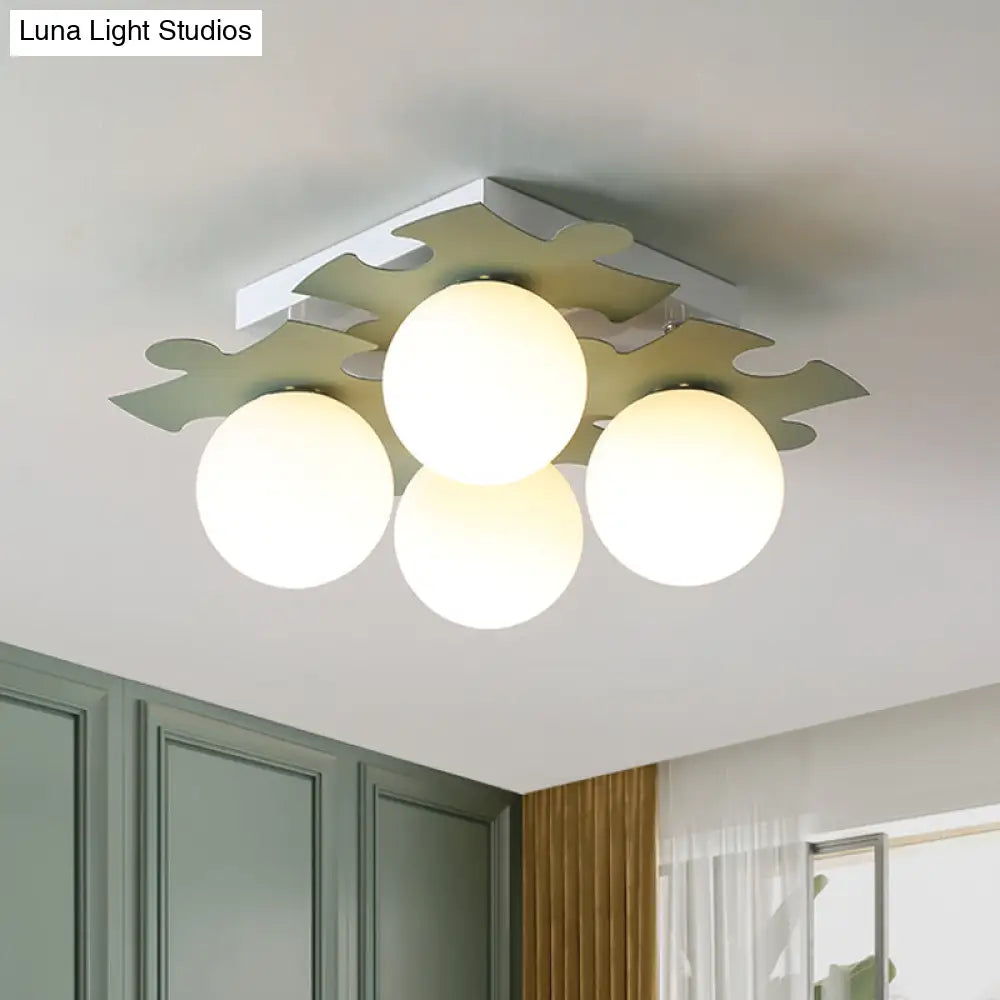Modern White Glass Semi Flush Mount With Jigsaw Puzzle Decor - 4 - Bulb Light In Grey/Green