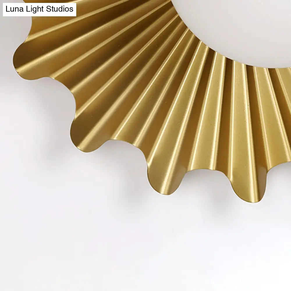 Modern White Glass Sphere Wall Light With Brass Scalloped Backplate - 1 Head
