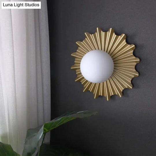 Modern White Glass Sphere Wall Light With Brass Scalloped Backplate - 1 Head