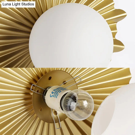Modern White Glass Sphere Wall Light With Brass Scalloped Backplate - 1 Head