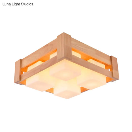 Modern White Glass Square Flushmount Led Lamp With Wood Accents For Living Room