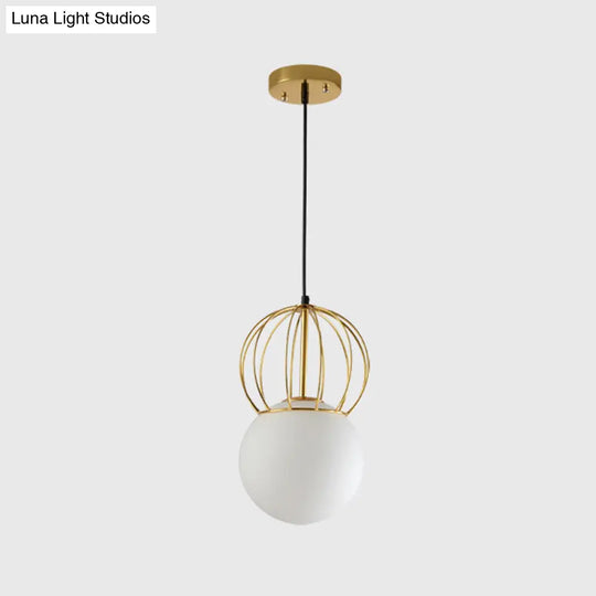Modern White Globe Suspension Light With Melon Wire And Frosted Glass- Ideal For Bedroom