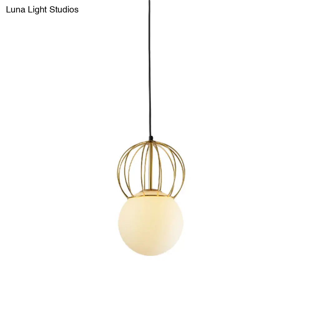 Modern White Globe Suspension Light With Melon Wire And Frosted Glass- Ideal For Bedroom