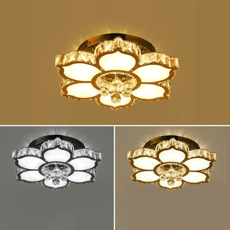 Modern White Led Crystal Flower Ceiling Light For Living Room With Flush Mount Design / 21.5’