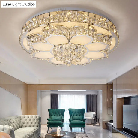 Modern White Led Crystal Flower Ceiling Light For Living Room With Flush Mount Design