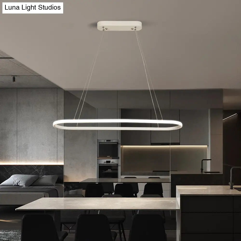 Modern White Led Pendant Light Fixture - Oval Kitchen Chandelier With Aluminum Frame And