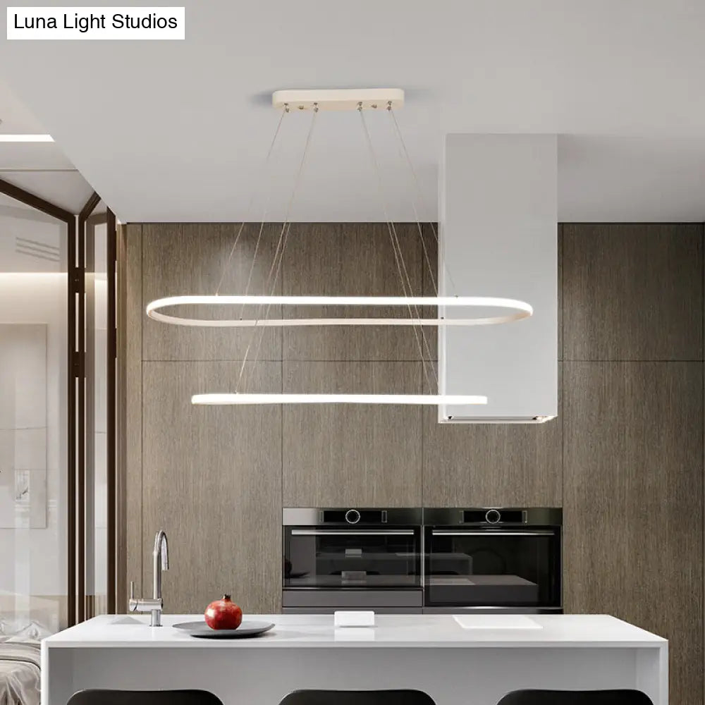 Modern White Led Pendant Light Fixture - Oval Kitchen Chandelier With Aluminum Frame And