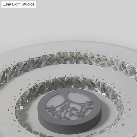 Modern White Round Crystal Led Ceiling Light With Tree Pattern - Flushmount Lighting In White/Warm