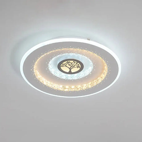 Modern White Round Crystal Led Ceiling Light With Tree Pattern - Flushmount Lighting In White/Warm /