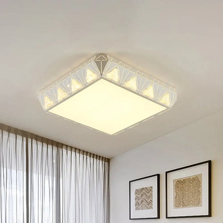 Modern White Square Led Ceiling Light - Minimalist Beveled Crystal Flushmount For Bedroom