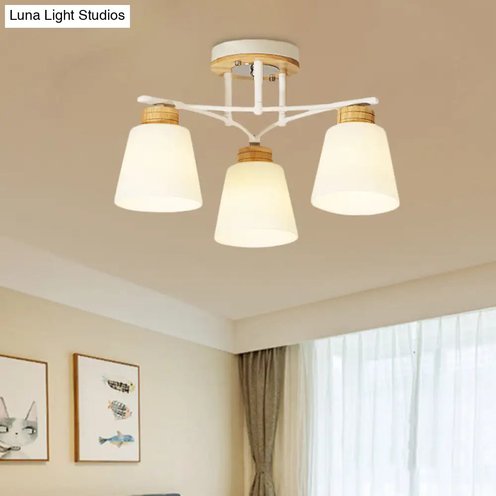 Modern White-Wood Barrel Flush Mount Light With Cream Glass - 3/5 Heads