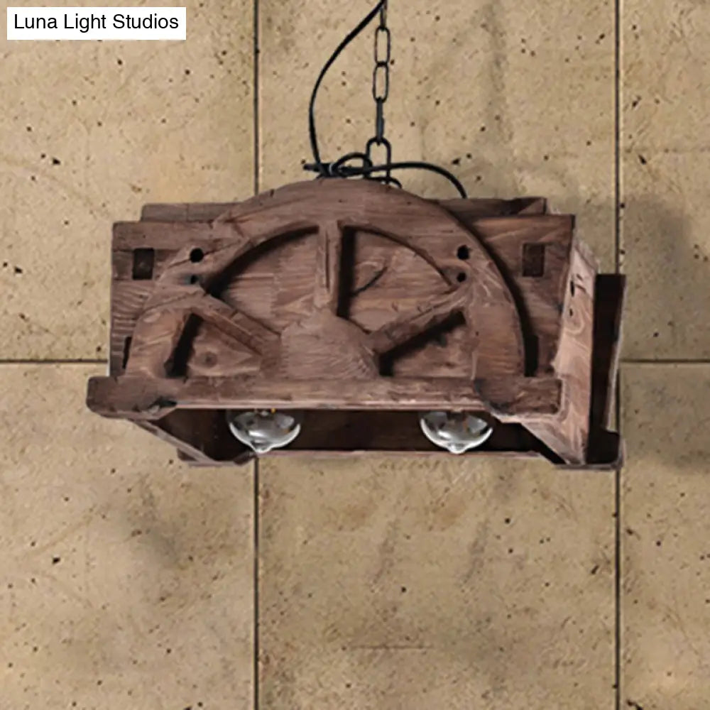 Wood-Accented Clear Glass Pendant Chandelier With 2 Lights - Loft Style Fixture Brown