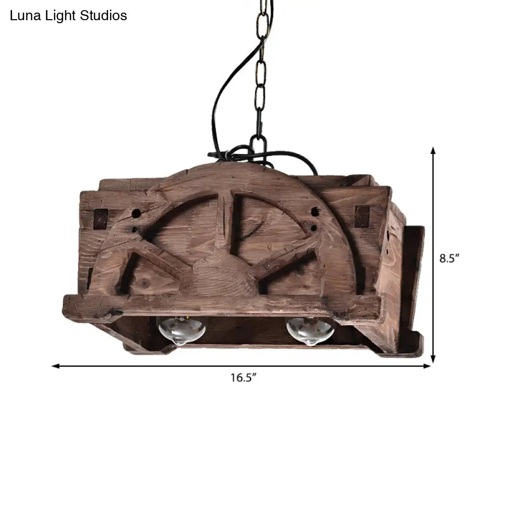 Modern Wood And Glass Pendant Chandelier With 2 Lights - Brown Rectangle Loft Style Fixture