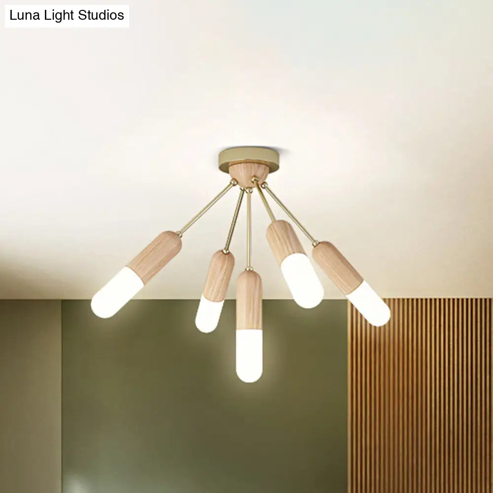 Modern Wood Capsule Semi Mount Ceiling Lamp For Bedroom - Beige 3/5-Light