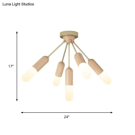Modern Wood Capsule Semi Mount Ceiling Lamp For Bedroom - Beige 3/5-Light