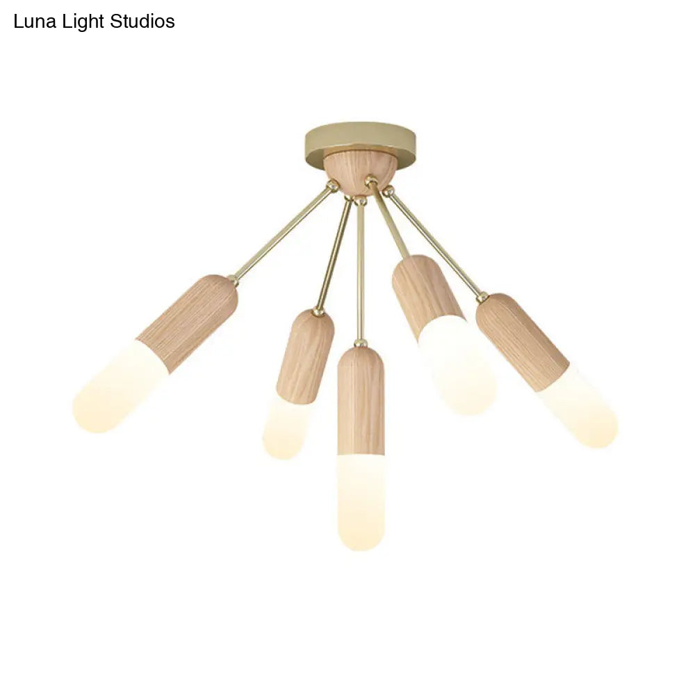 Modern Wood Capsule Semi Mount Ceiling Lamp For Bedroom - Beige 3/5-Light