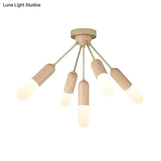 Modern Wood Capsule Semi Mount Ceiling Lamp For Bedroom - Beige 3/5-Light