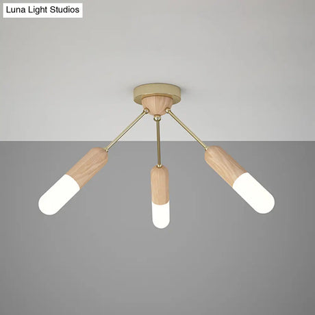 Modern Wood Capsule Semi Mount Ceiling Lamp For Bedroom - Beige 3/5 - Light