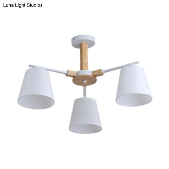 Modern Wood Ceiling Pendant Light With Tapered Shade Chandelier Design - 3/6 Fabric Heads Ideal For