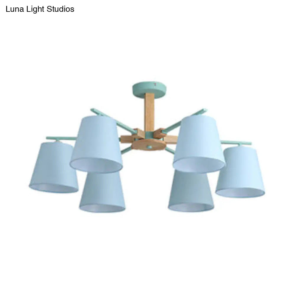 Modern Wood Ceiling Pendant Light With Tapered Shade Chandelier Design - 3/6 Fabric Heads Ideal For