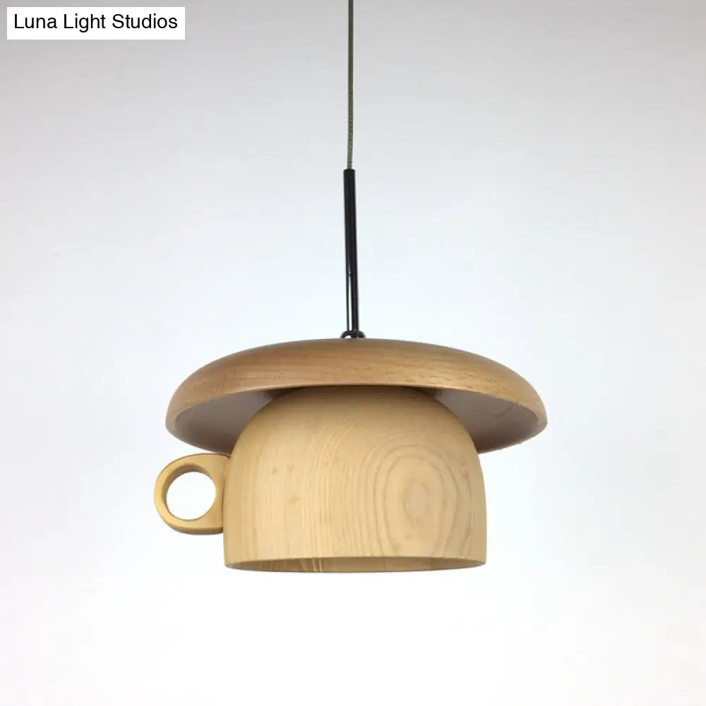 Modernist Wood Coffee-Cup Pendant Light With Led Beige Ceiling Hang Fixture - 1-Bulb