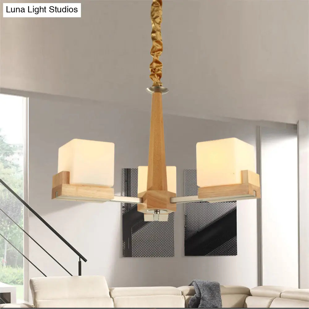 Contemporary Wood Cube Acrylic Chandelier - Radial Hanging Light Fixture (3/5/8 Bulbs) For Bedroom
