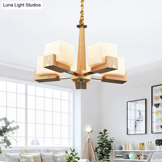 Contemporary Wood Cube Acrylic Chandelier - Radial Hanging Light Fixture (3/5/8 Bulbs) For Bedroom