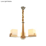 Modern Wood Cube Chandelier With Multiple Bulbs For Bedroom